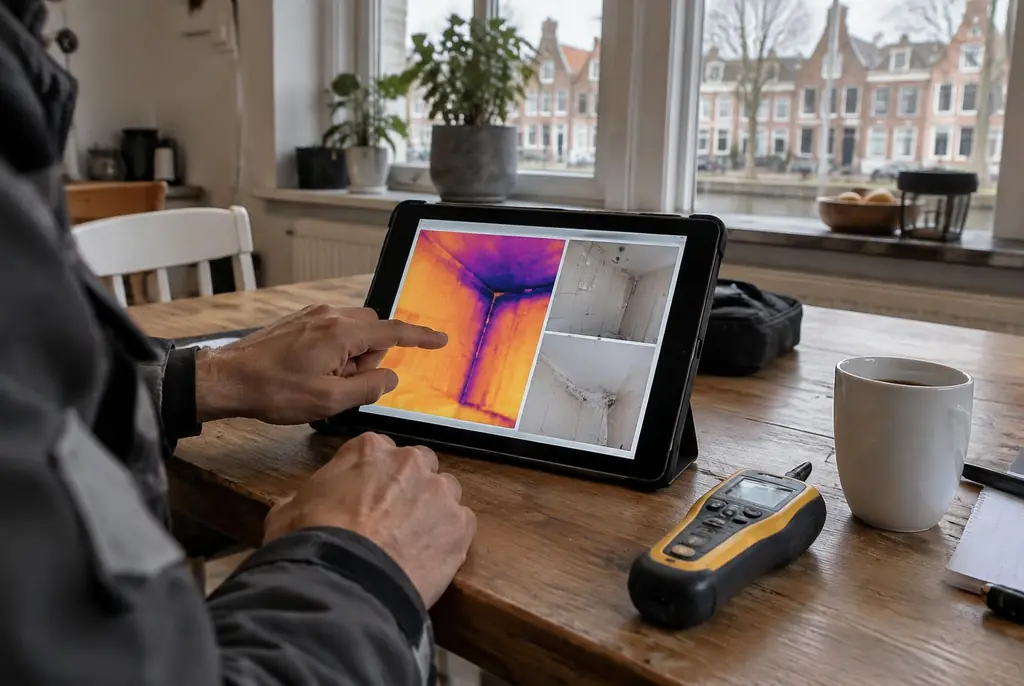 Lekdetectie Biddinghuizen – lekdetectierapport met warmtebeelden en foto's op een tablet