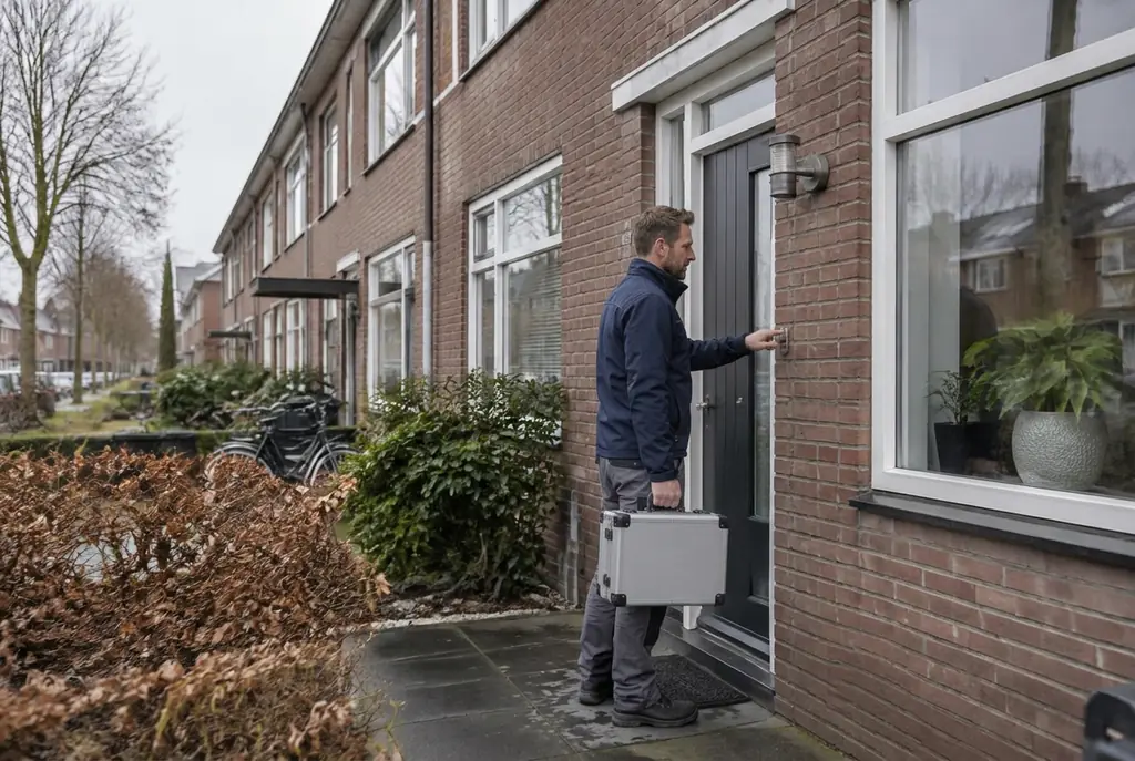 Lekdetectiespecialist met meetkoffer bij de voordeur van een woning in Biddinghuizen